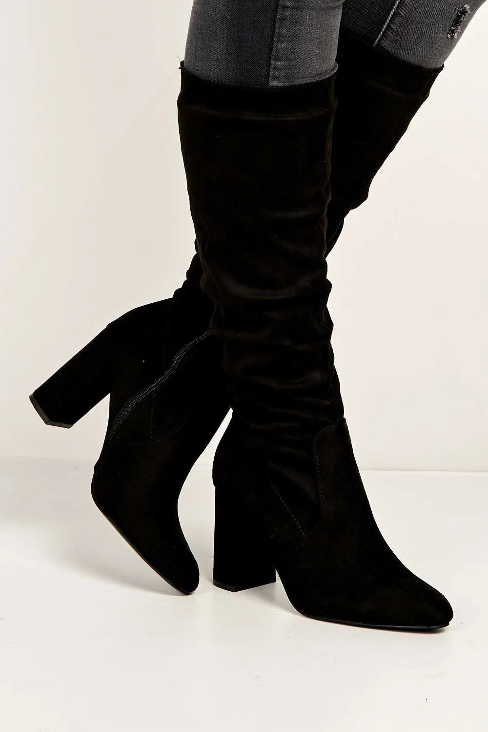 Aphi Knee High Block Heel Boots in Black Suede