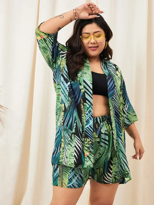 Berrylush Curve Women Green & Black Tropical Printed Open-Front Neck Shrug & High-Rise Mini Shorts Co-Ord Set