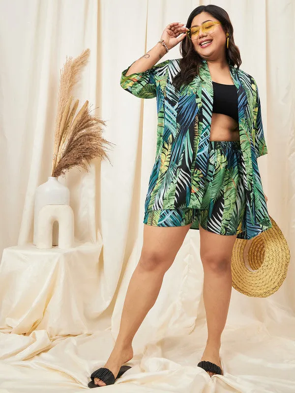 Berrylush Curve Women Green & Black Tropical Printed Open-Front Neck Shrug & High-Rise Mini Shorts Co-Ord Set