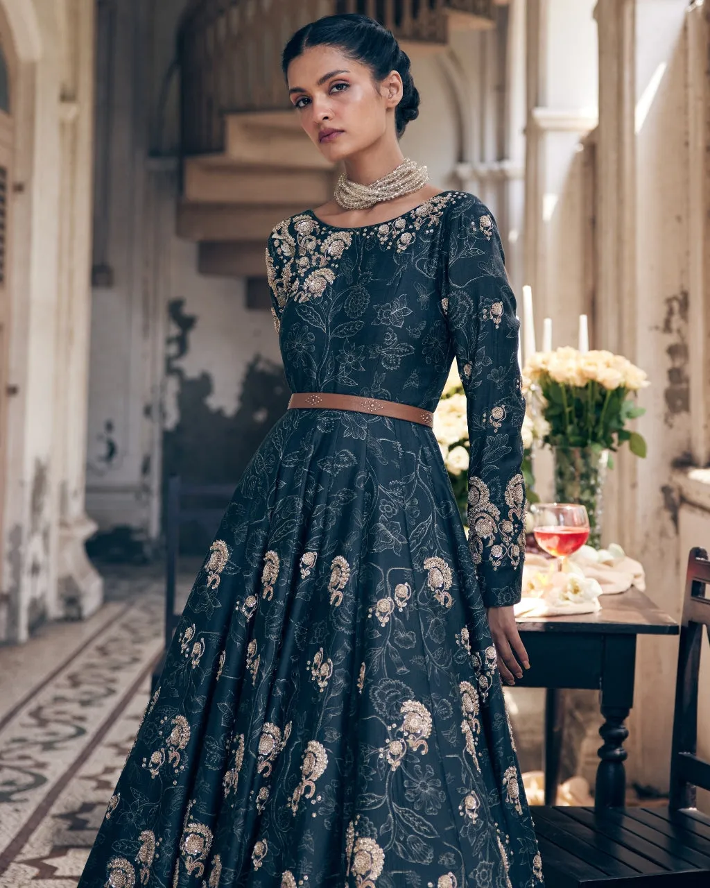 Black Deer Printed Hand Embroidered Anarkali Set