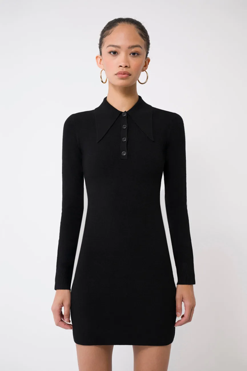 Black EcoMerino Long Sleeve Mini Polo Dress