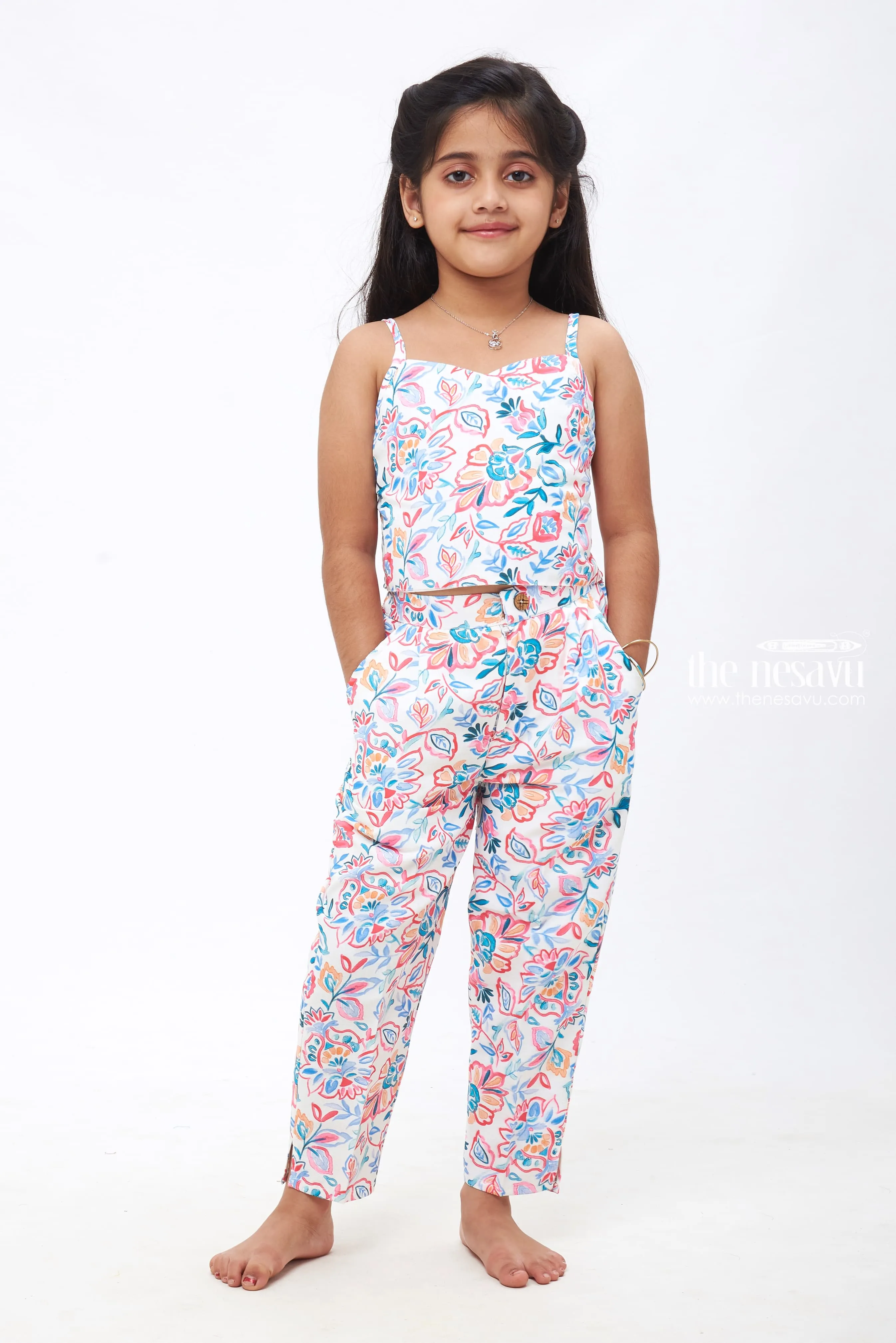 Blossom Parade: Girls Floral Crop Top Overcoat & Pant Set