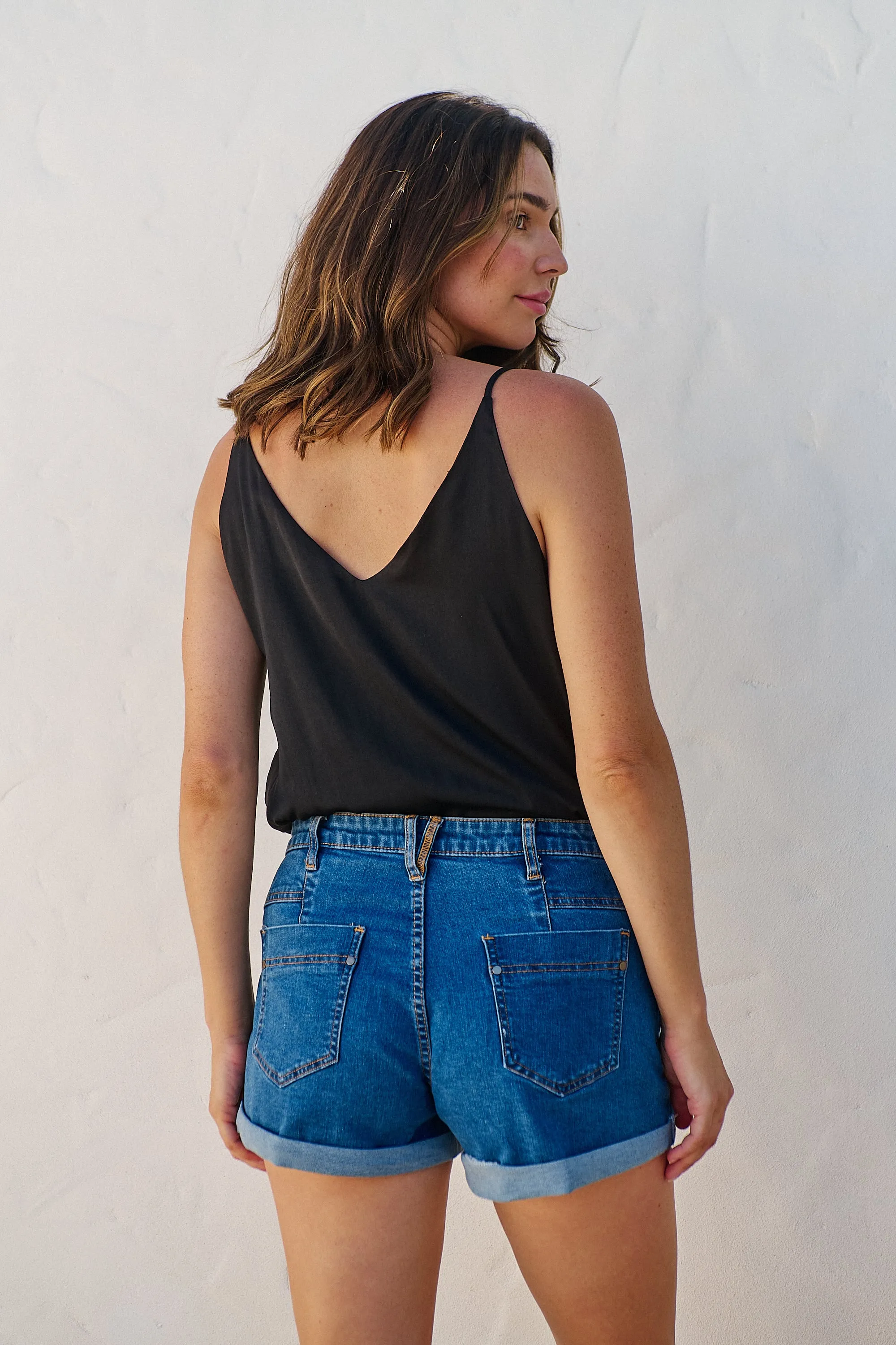 Blue High Waisted Cuff Denim Shorts