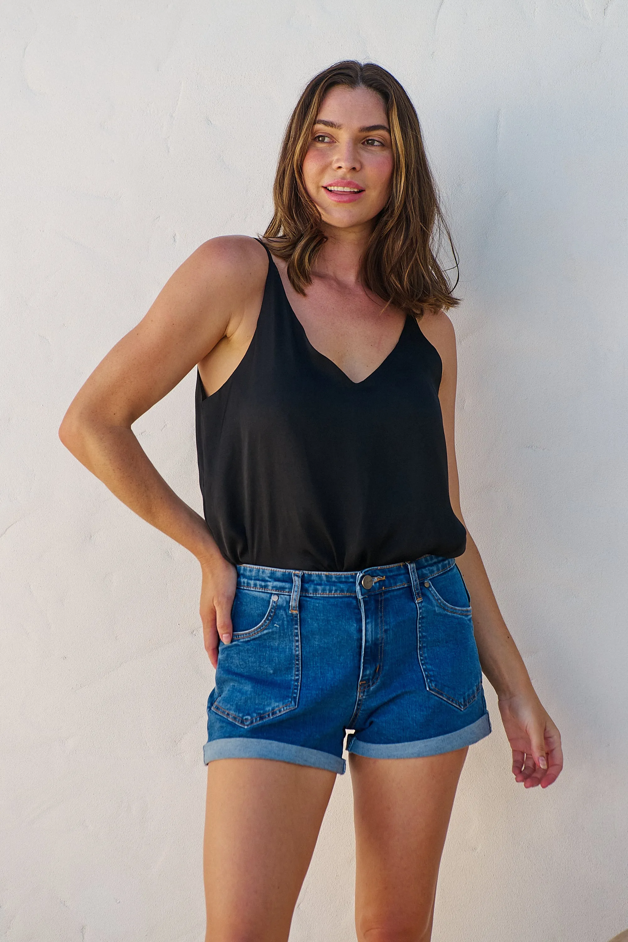 Blue High Waisted Cuff Denim Shorts