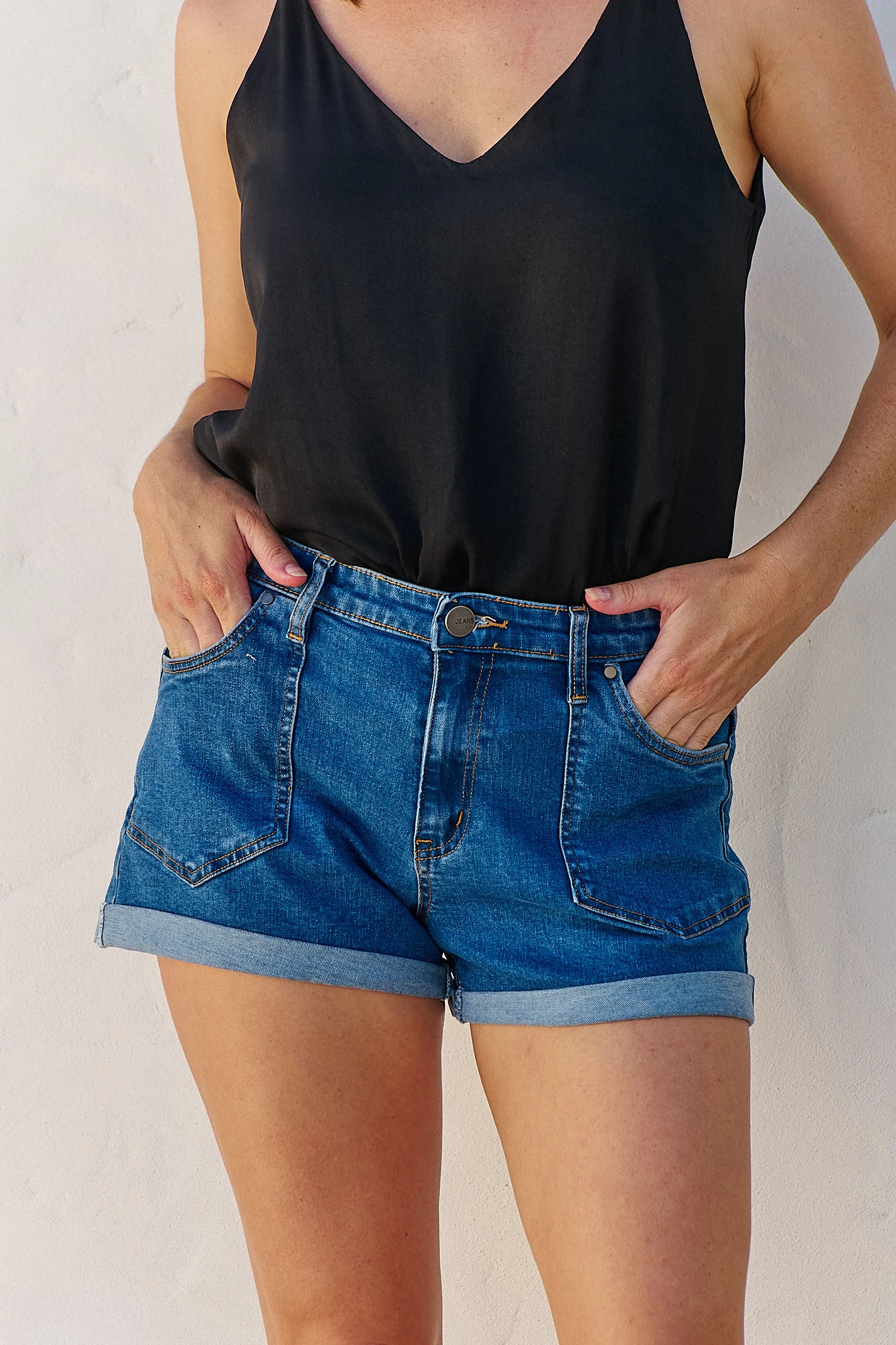 Blue High Waisted Cuff Denim Shorts