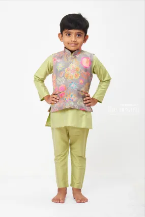 Boys Green Kurta with Floral Overcoat and Pant Set - Colorful Ethnic Wear for Kids