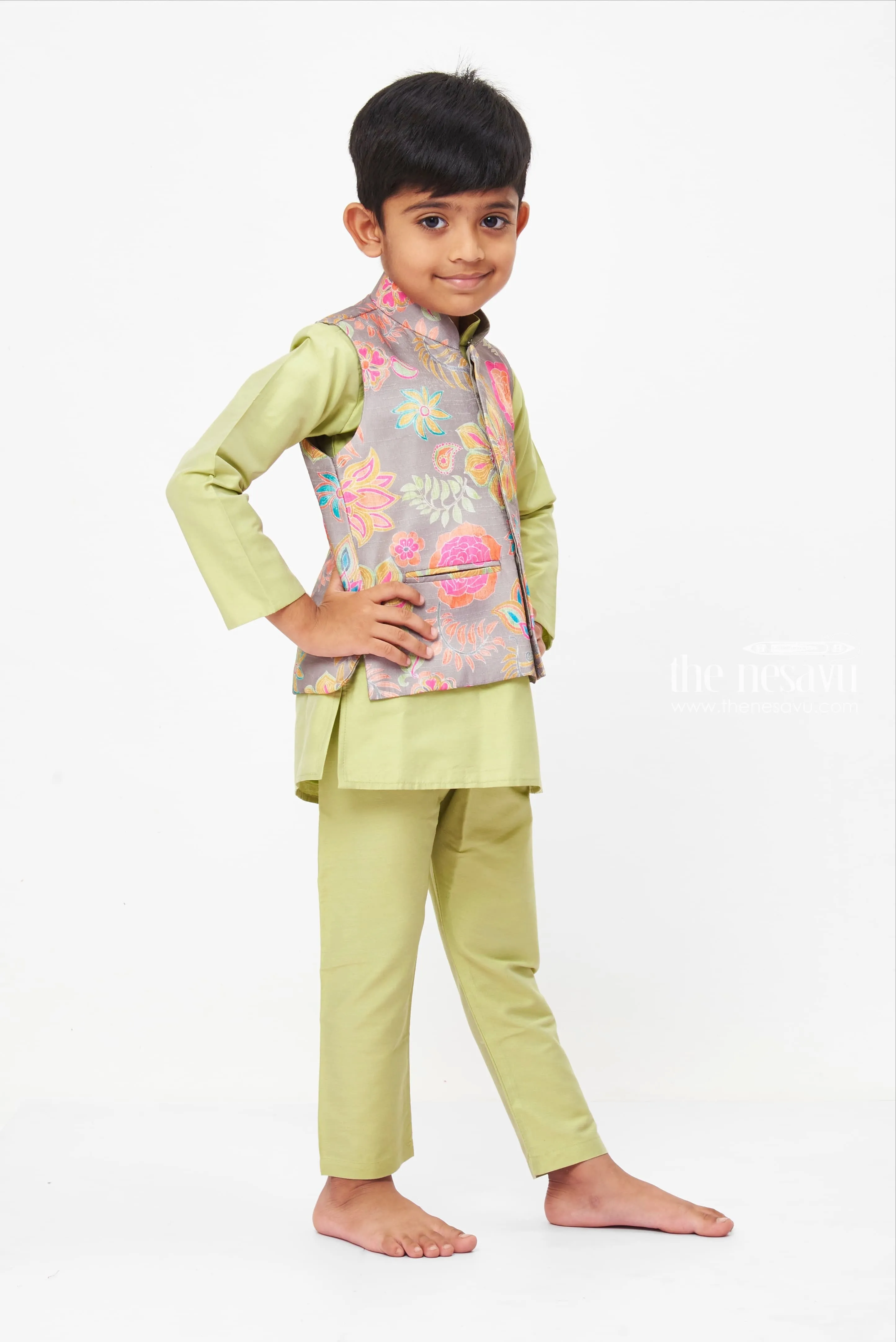 Boys Green Kurta with Floral Overcoat and Pant Set - Colorful Ethnic Wear for Kids