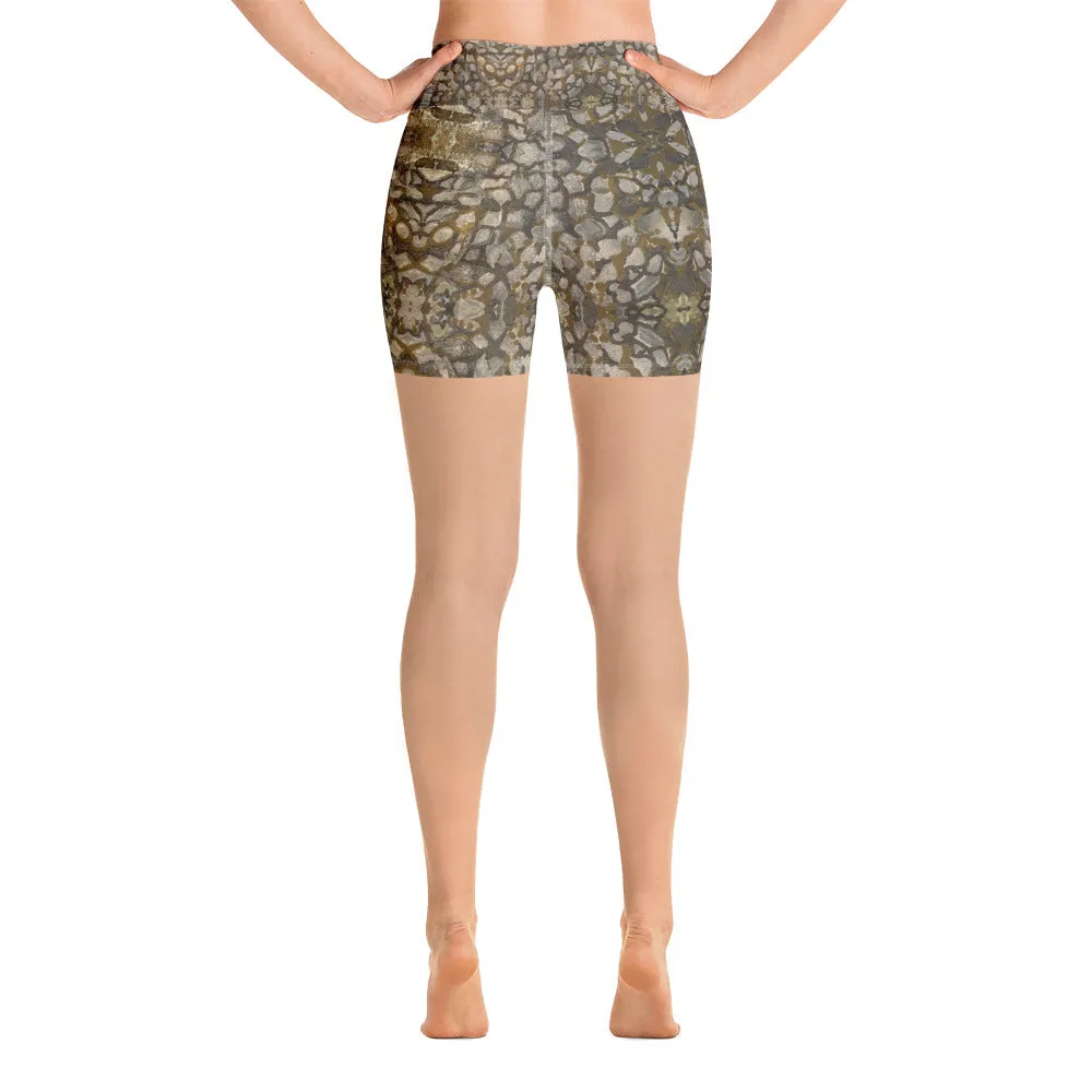 Brown and Silver Stone Path HIghwaisted Yoga Shorts, Cute Shorts for summer