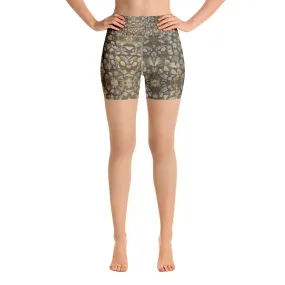 Brown and Silver Stone Path HIghwaisted Yoga Shorts, Cute Shorts for summer