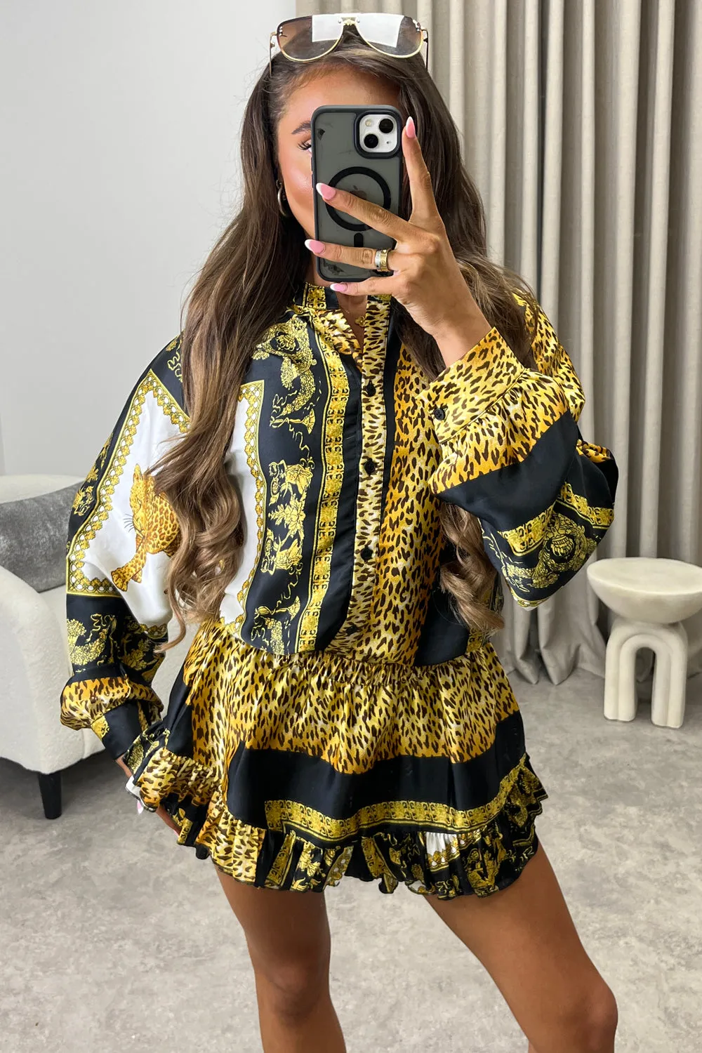 Colbie Black and Gold Leopard Print Shirt and Tiered Frill Skort Co-Ord Set