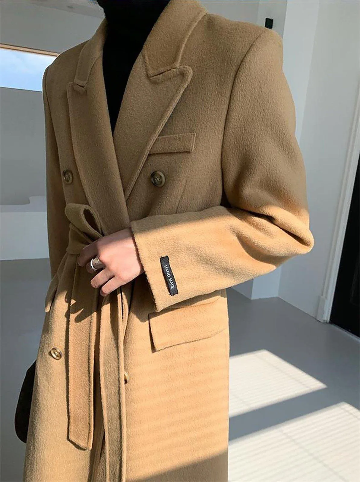 Double Breasted Belted Midi Wool Blend Coat