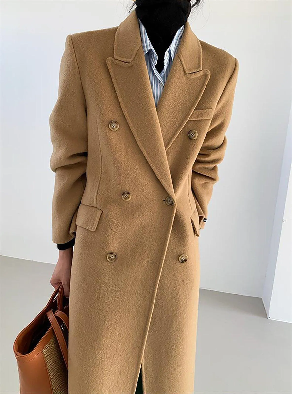 Double Breasted Belted Midi Wool Blend Coat