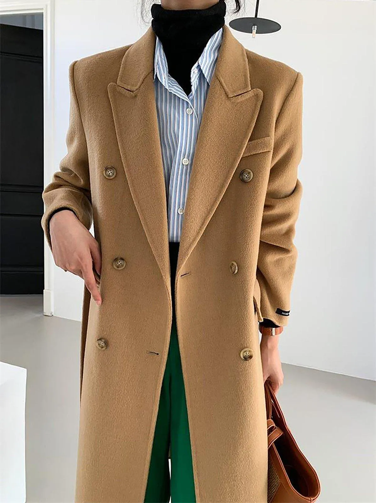 Double Breasted Belted Midi Wool Blend Coat