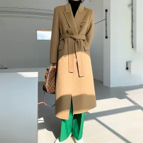 Double Breasted Belted Midi Wool Blend Coat