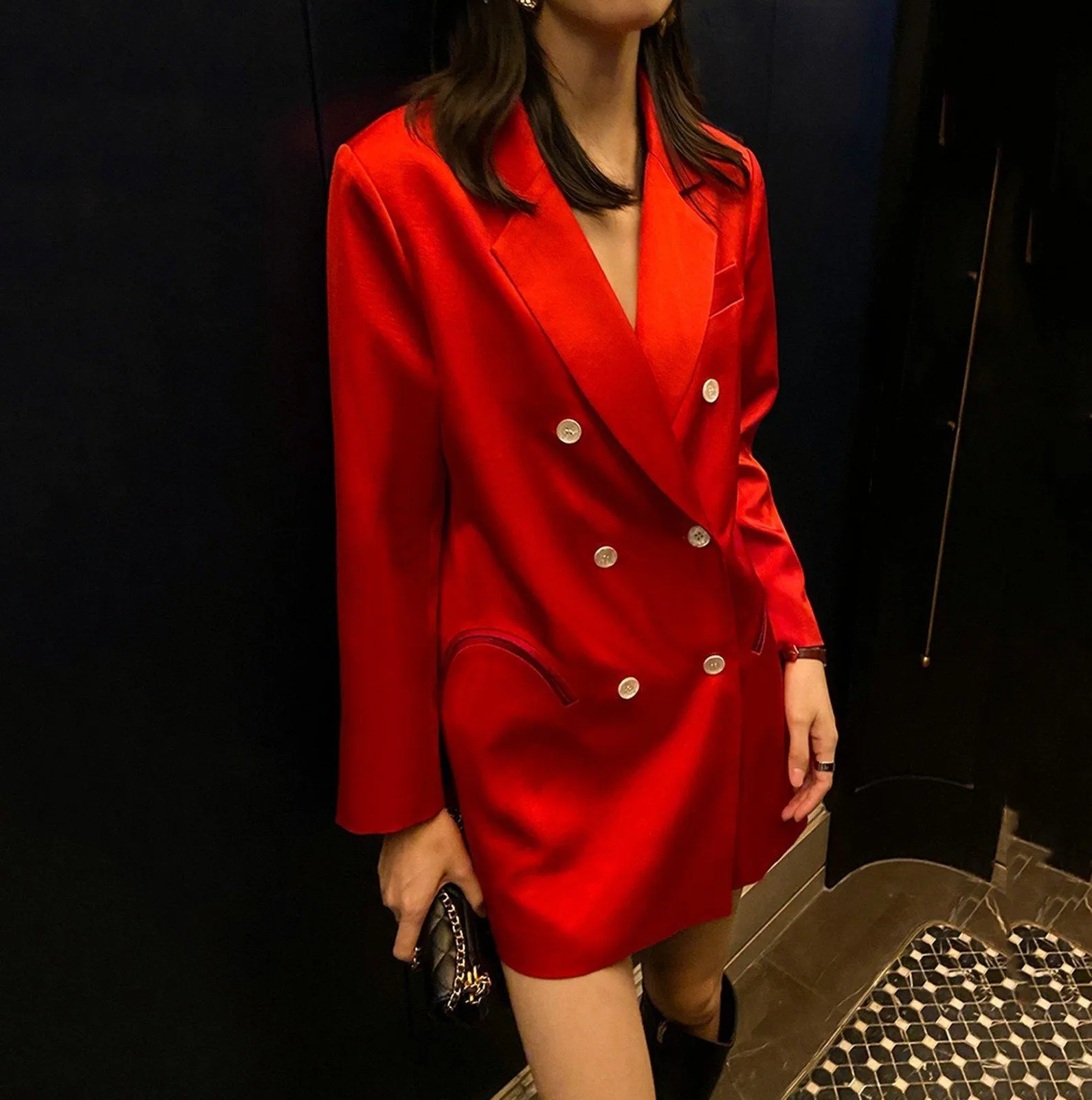 Double Breasted Notched Satin Blazer