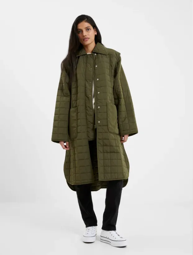 French Connection Aris Quilted Army Green Long Convertible Coat Vest