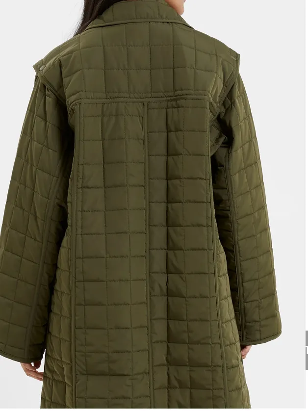 French Connection Aris Quilted Army Green Long Convertible Coat Vest