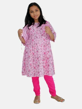 Girls Anarkali Kurta And Crop Shrug & Solid Legging Set