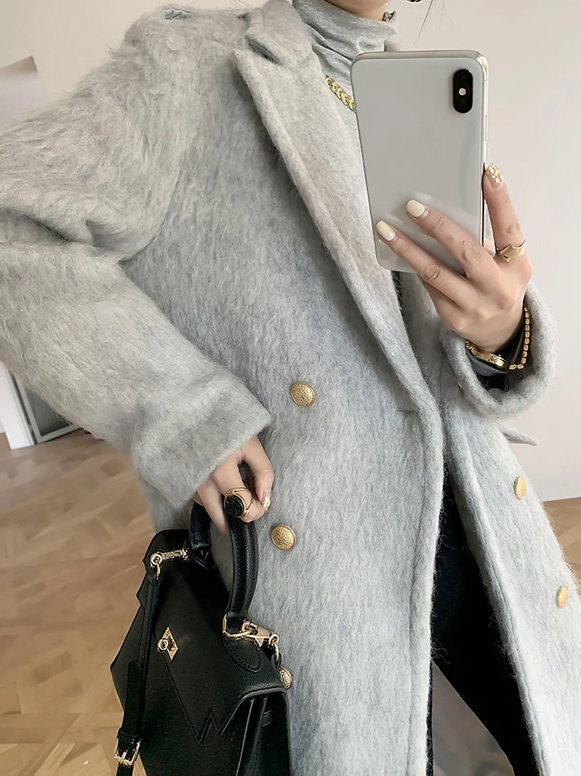 Gray Wool Fleece Long Wool Coat