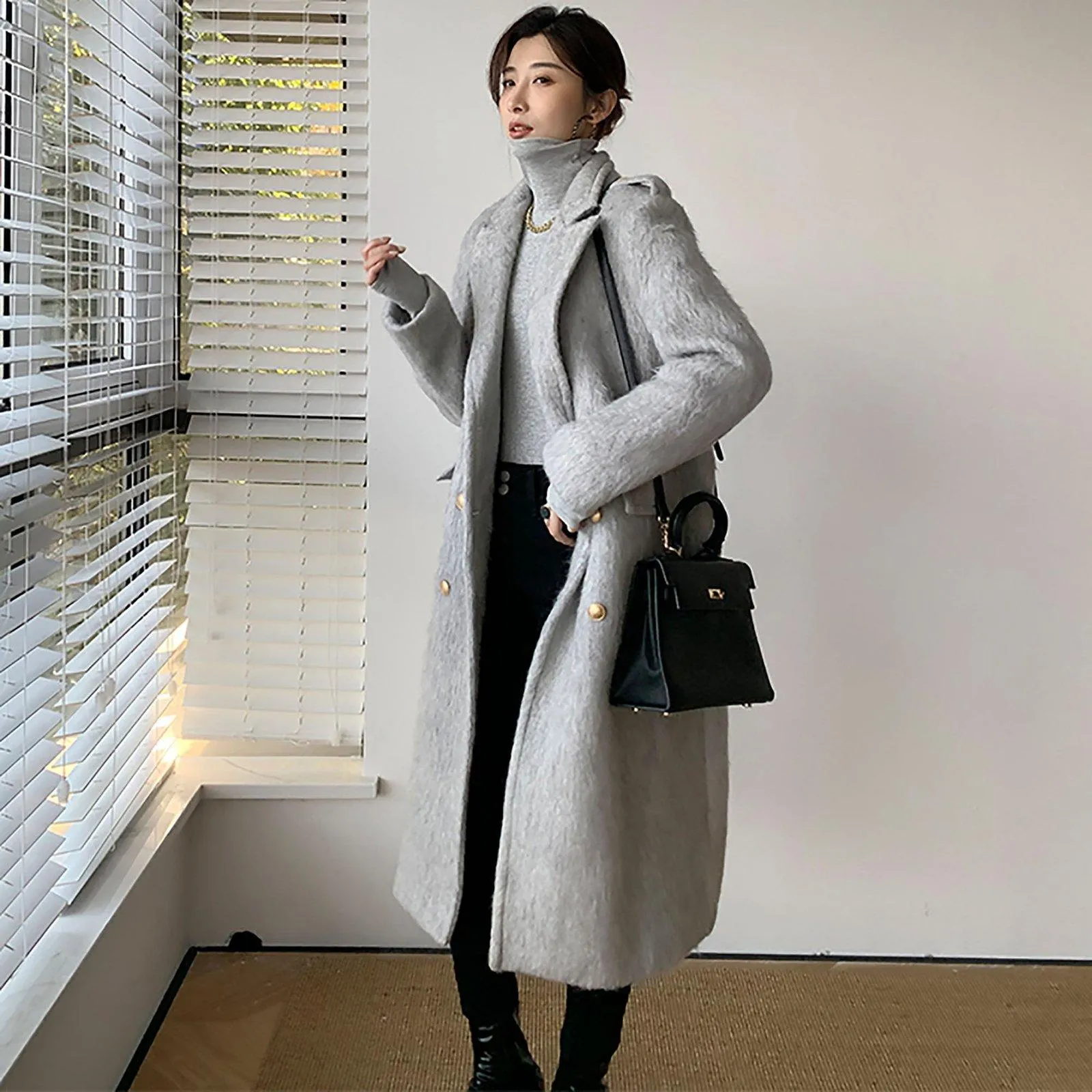 Gray Wool Fleece Long Wool Coat