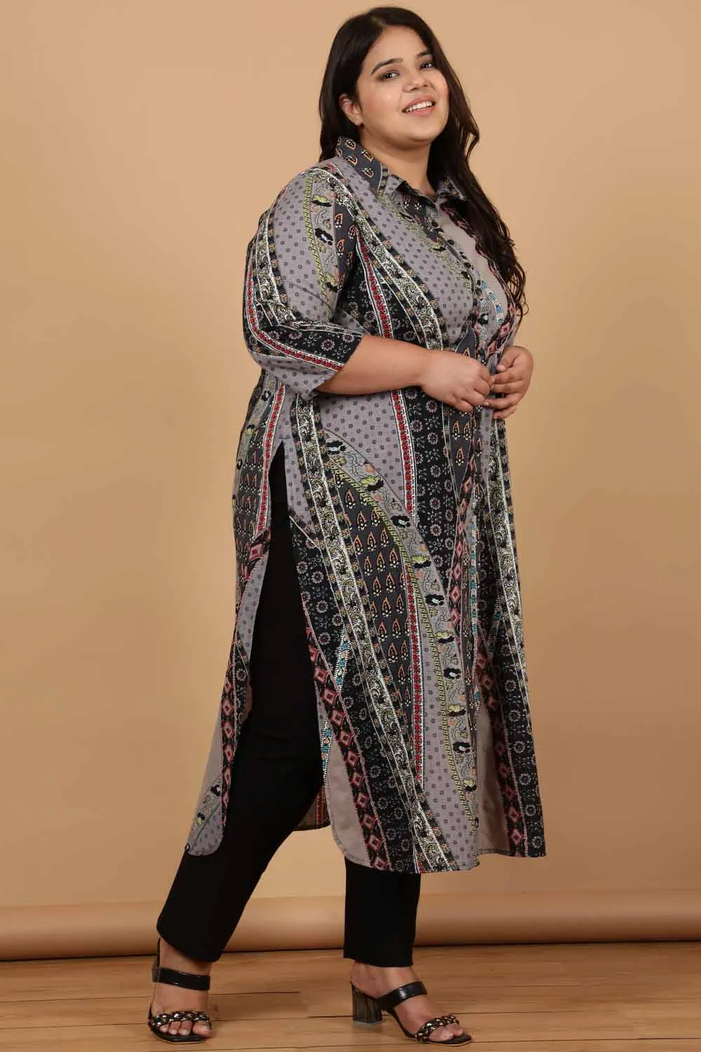 Grey Printed Cotton Kurta Shrug