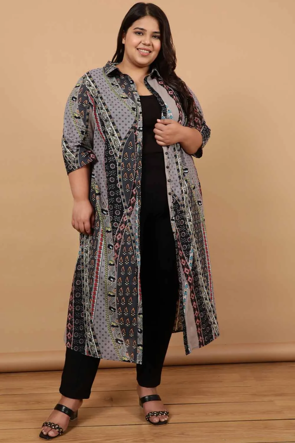 Grey Printed Cotton Kurta Shrug