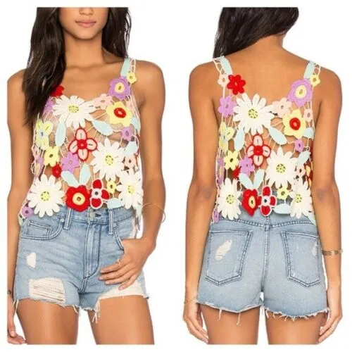 Hand Crochet Flowers Cami Top Crocheted Yarn Flower Tank Top Bohemian Festival Favorite Colorful Bouquet One Size