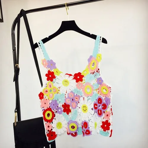 Hand Crochet Flowers Cami Top Crocheted Yarn Flower Tank Top Bohemian Festival Favorite Colorful Bouquet One Size