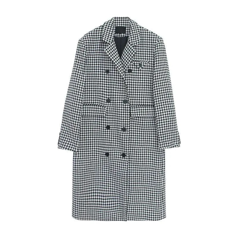 Houndstooth Double Breasted Oversized Long Wool Coat