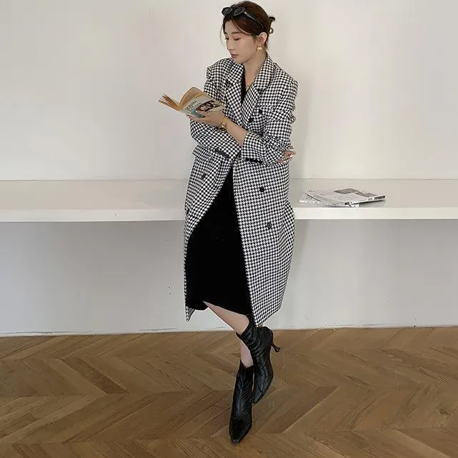 Houndstooth Double Breasted Oversized Long Wool Coat