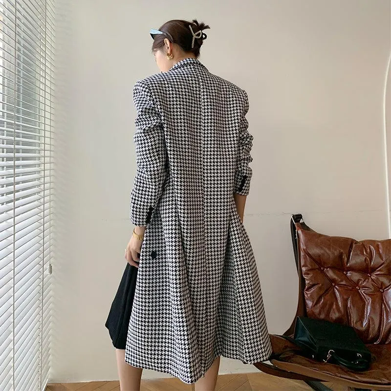 Houndstooth Double Breasted Oversized Long Wool Coat