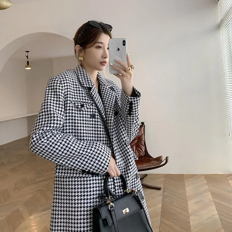 Houndstooth Double Breasted Oversized Long Wool Coat