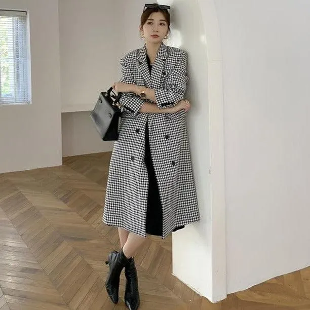 Houndstooth Double Breasted Oversized Long Wool Coat