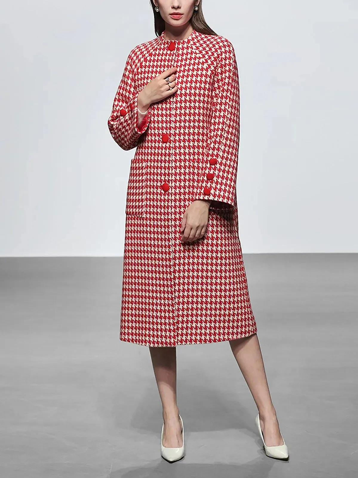 Houndstooth Wool Blend Coat