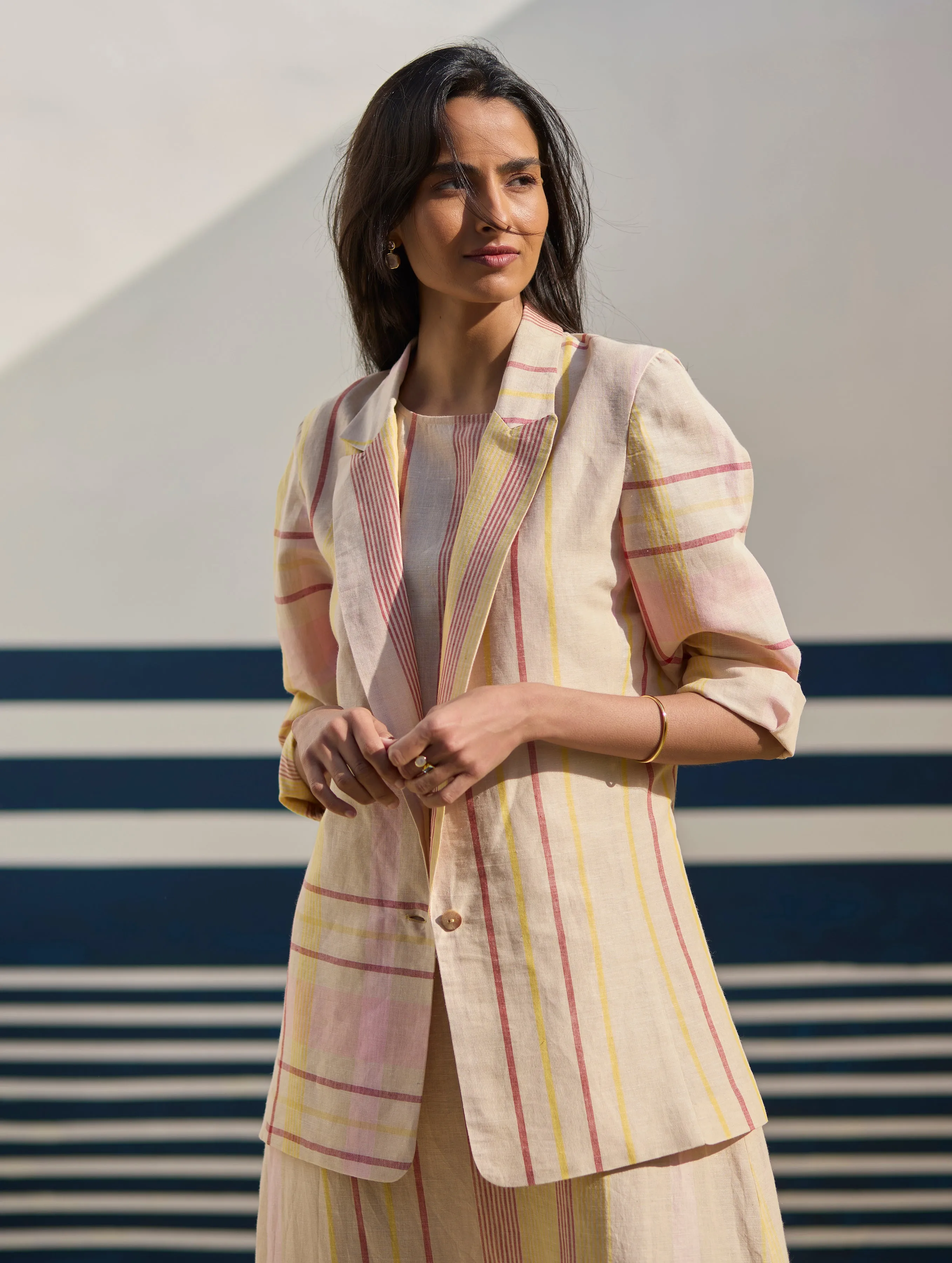 Inara Check Linen Dress With Blazer - Sand