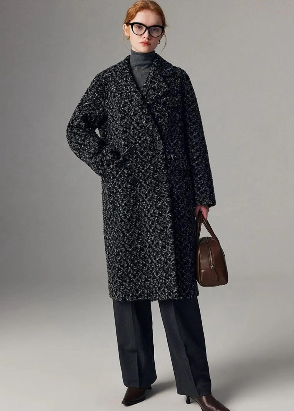 Jacquard Double Breasted Wool Fleece Long Coat