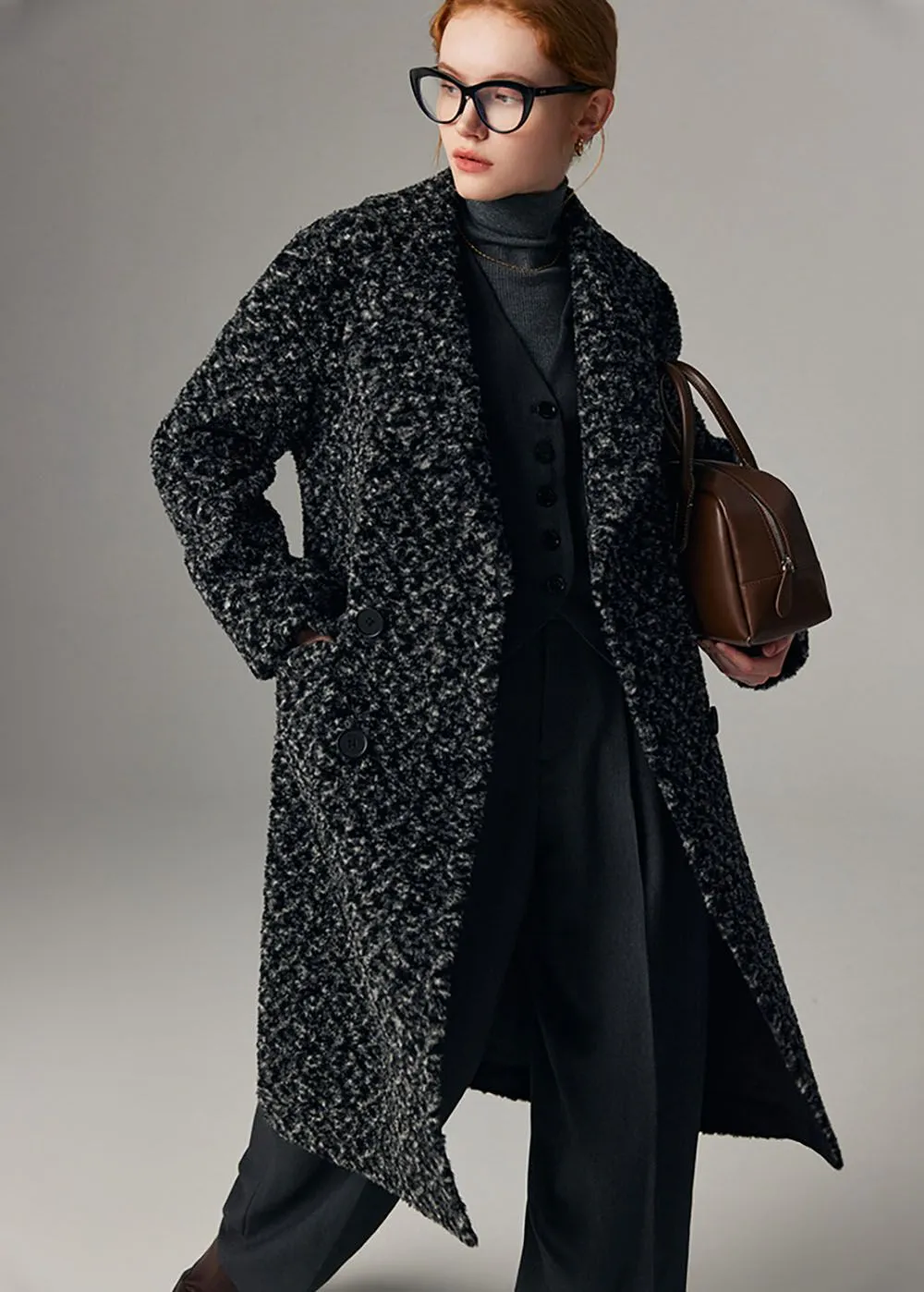 Jacquard Double Breasted Wool Fleece Long Coat