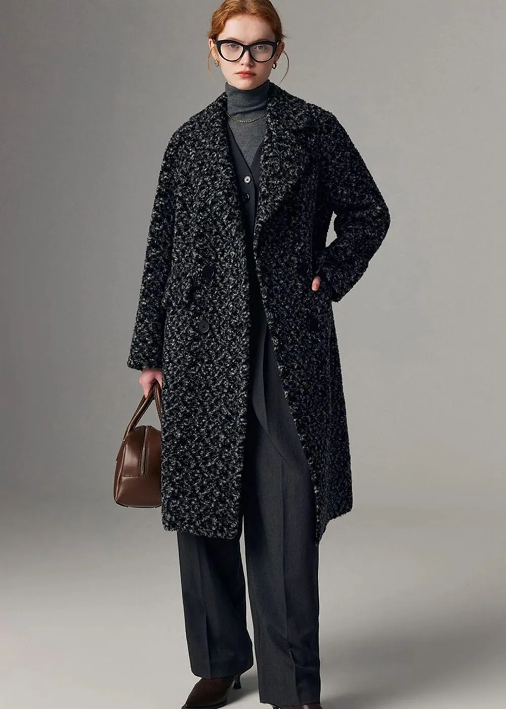 Jacquard Double Breasted Wool Fleece Long Coat