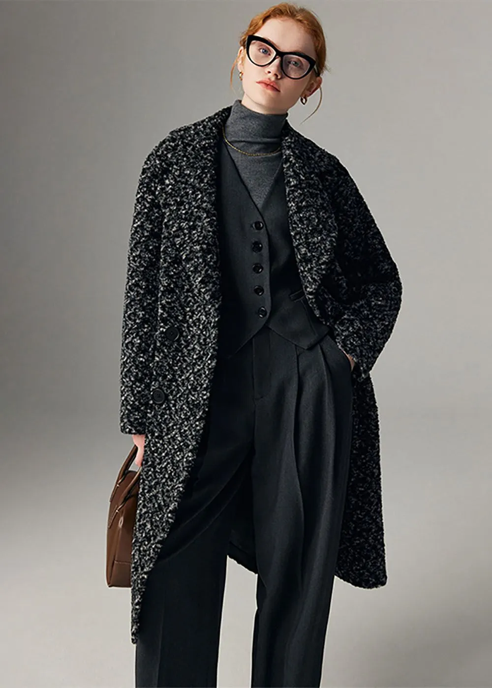 Jacquard Double Breasted Wool Fleece Long Coat