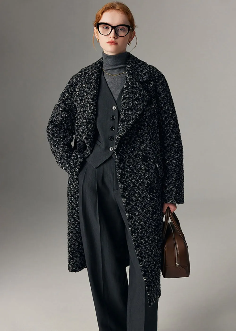 Jacquard Double Breasted Wool Fleece Long Coat