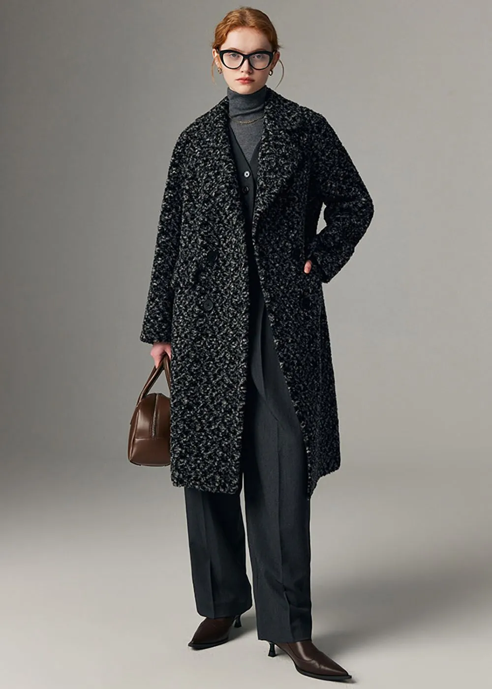 Jacquard Double Breasted Wool Fleece Long Coat