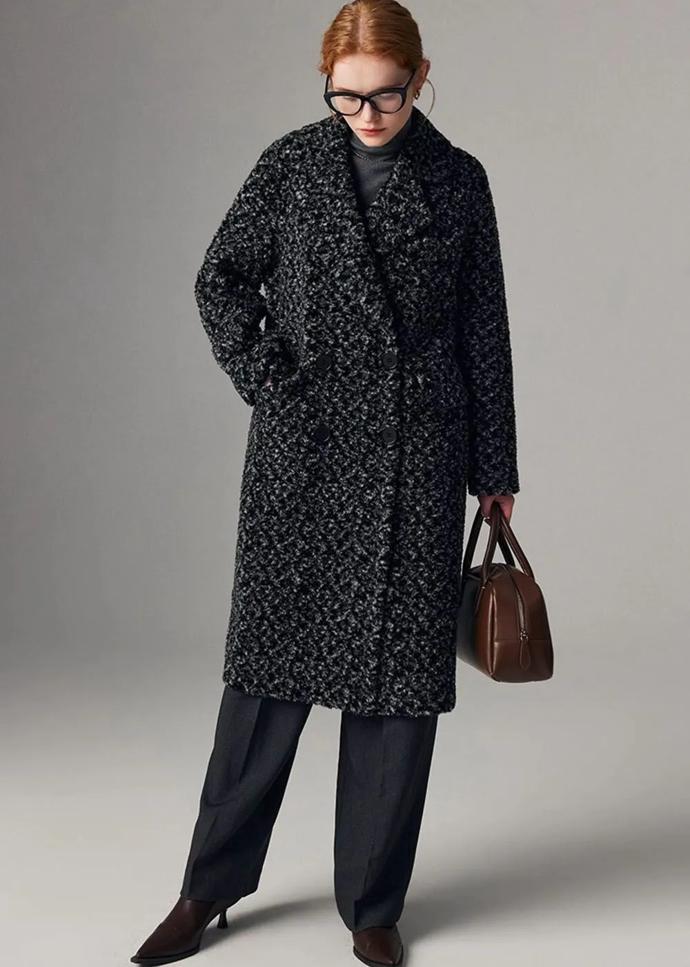 Jacquard Double Breasted Wool Fleece Long Coat