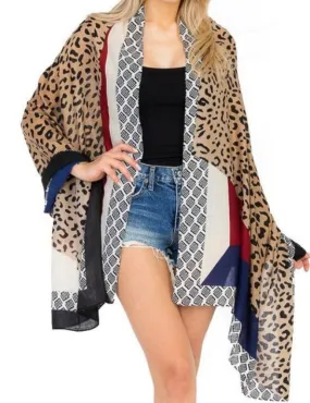 LEOPARD COMBINATION PATTERNED STRIPED SCARVE KIMONO