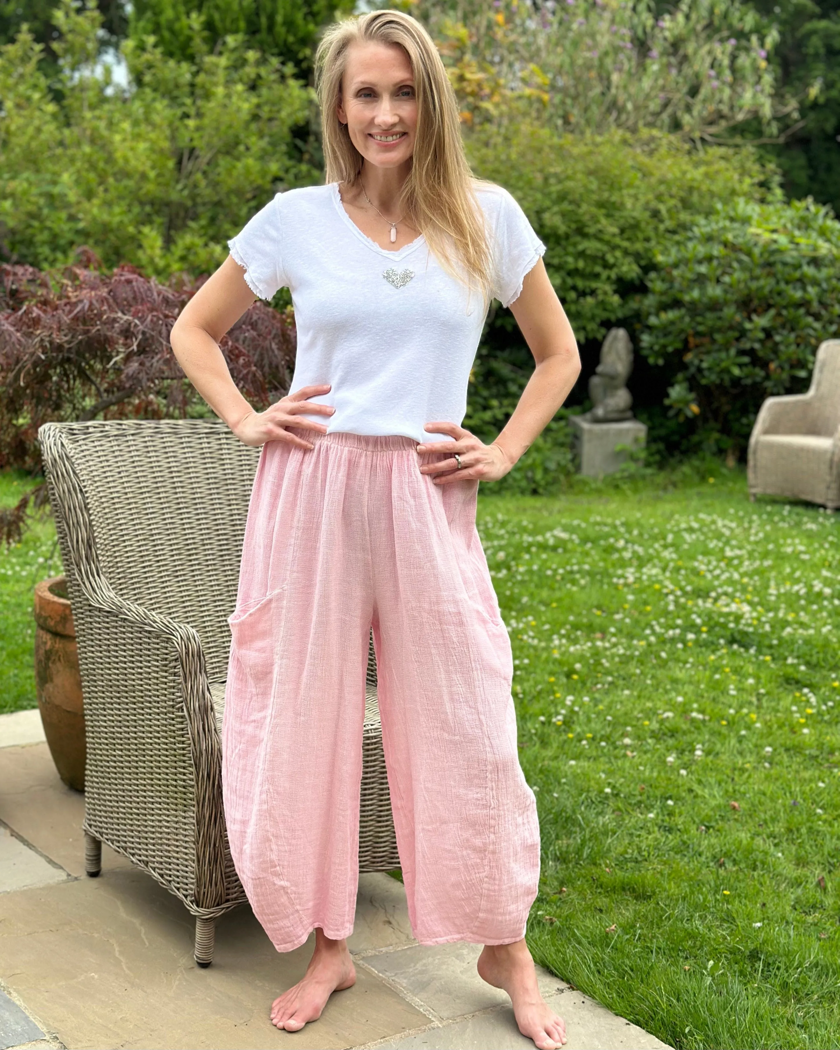 Linen Mix Balloon Style Trousers - Pink