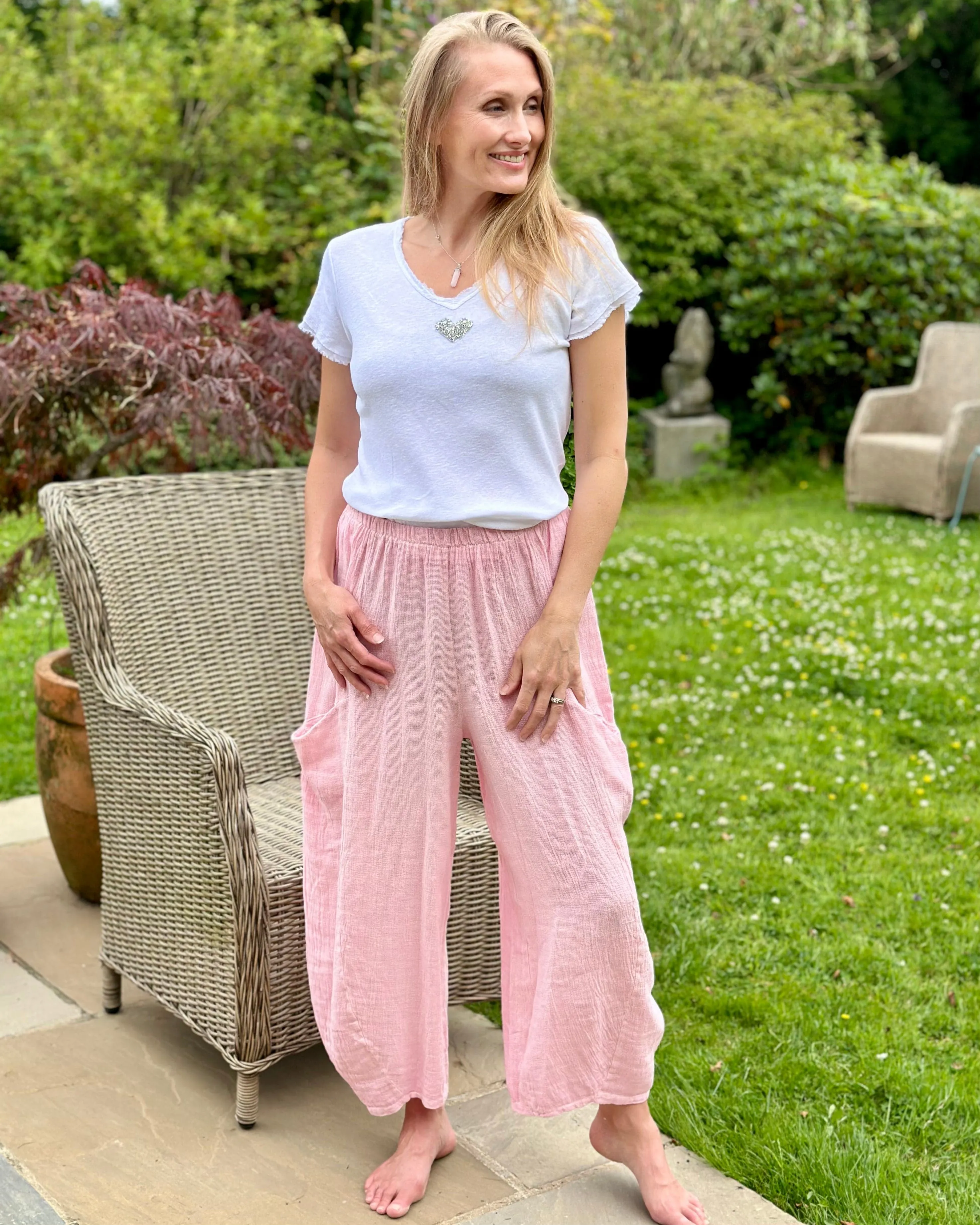 Linen Mix Balloon Style Trousers - Pink