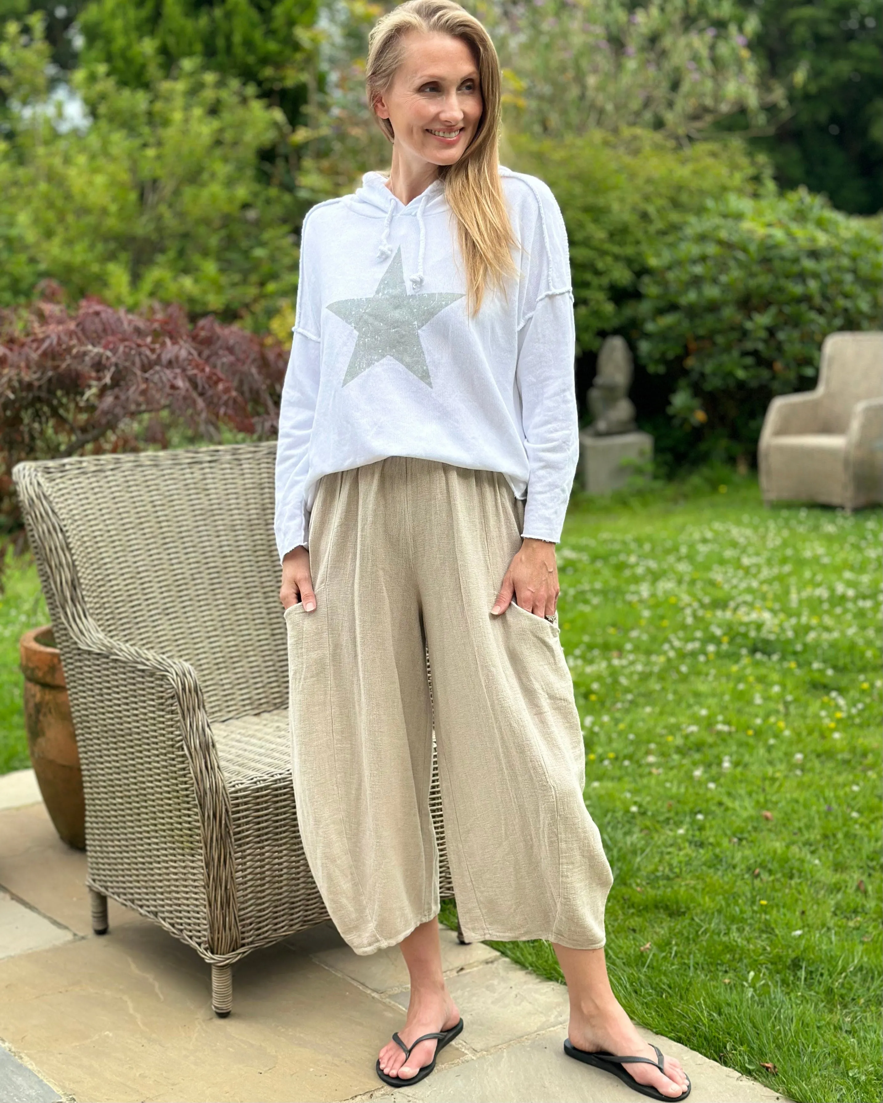 Linen Mix Balloon Style Trousers - Stone