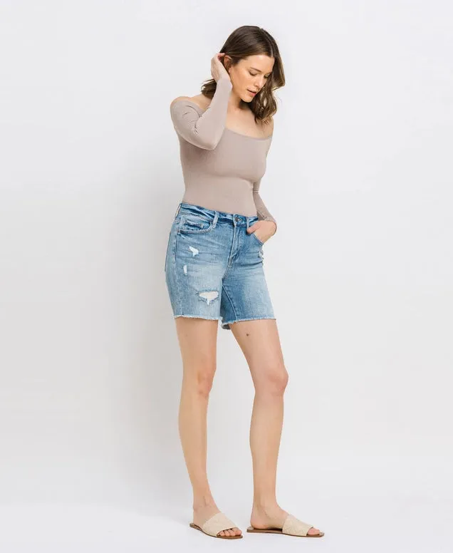 London High Rise Midi Denim Shorts