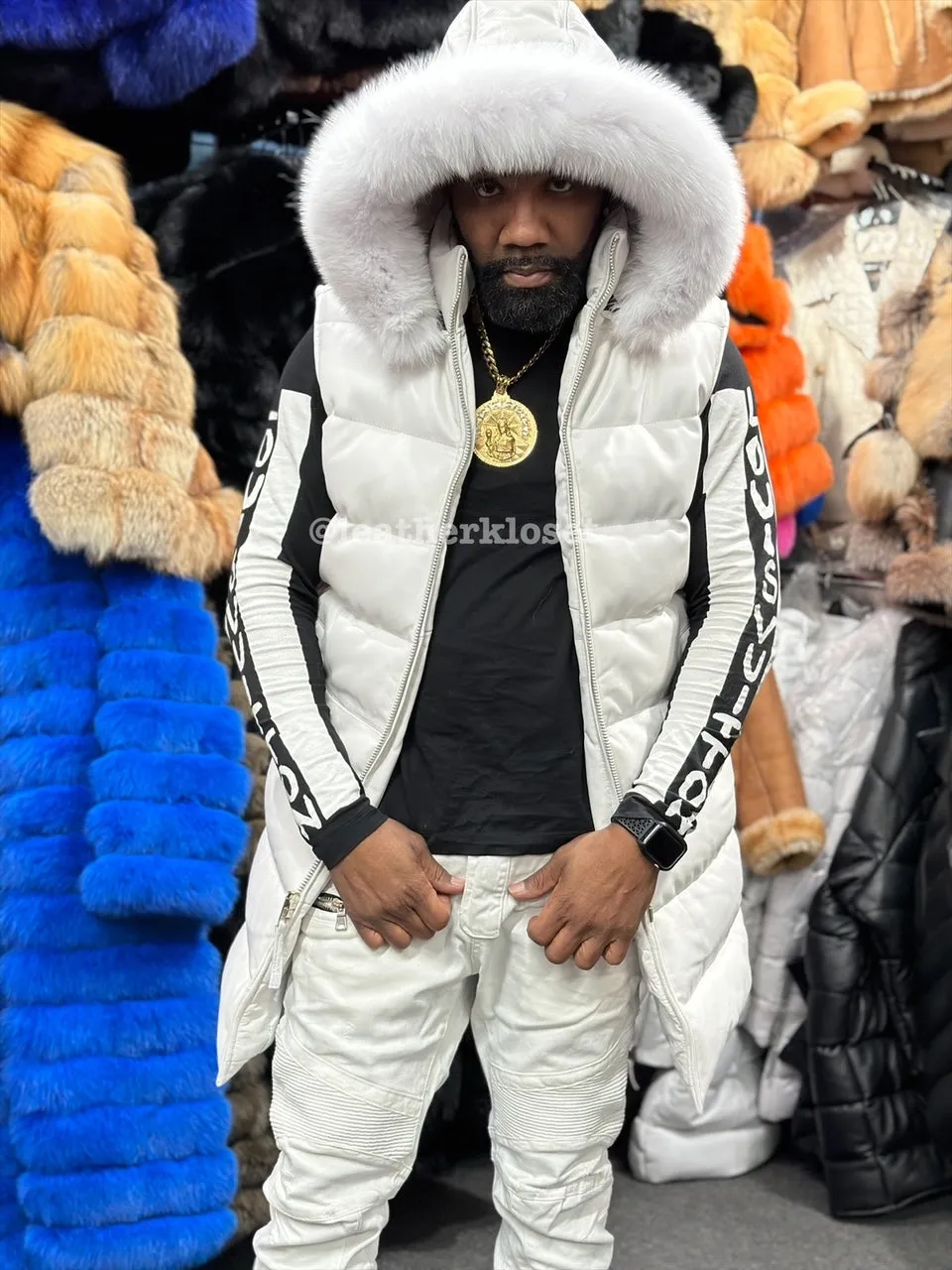 Men's Alpine Leather Bubble Vest With Premium Fox Fur Hood [White]