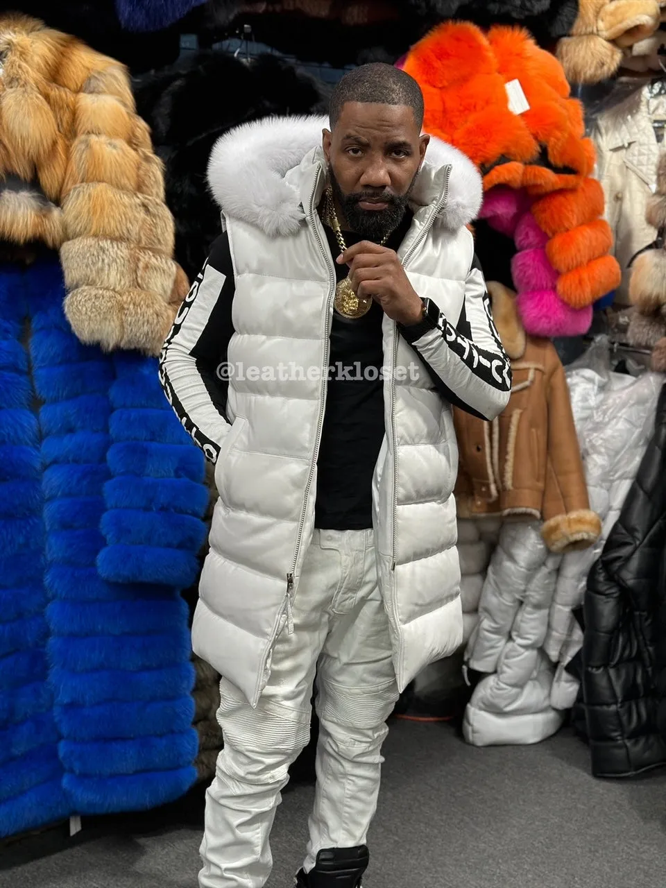 Men's Alpine Leather Bubble Vest With Premium Fox Fur Hood [White]