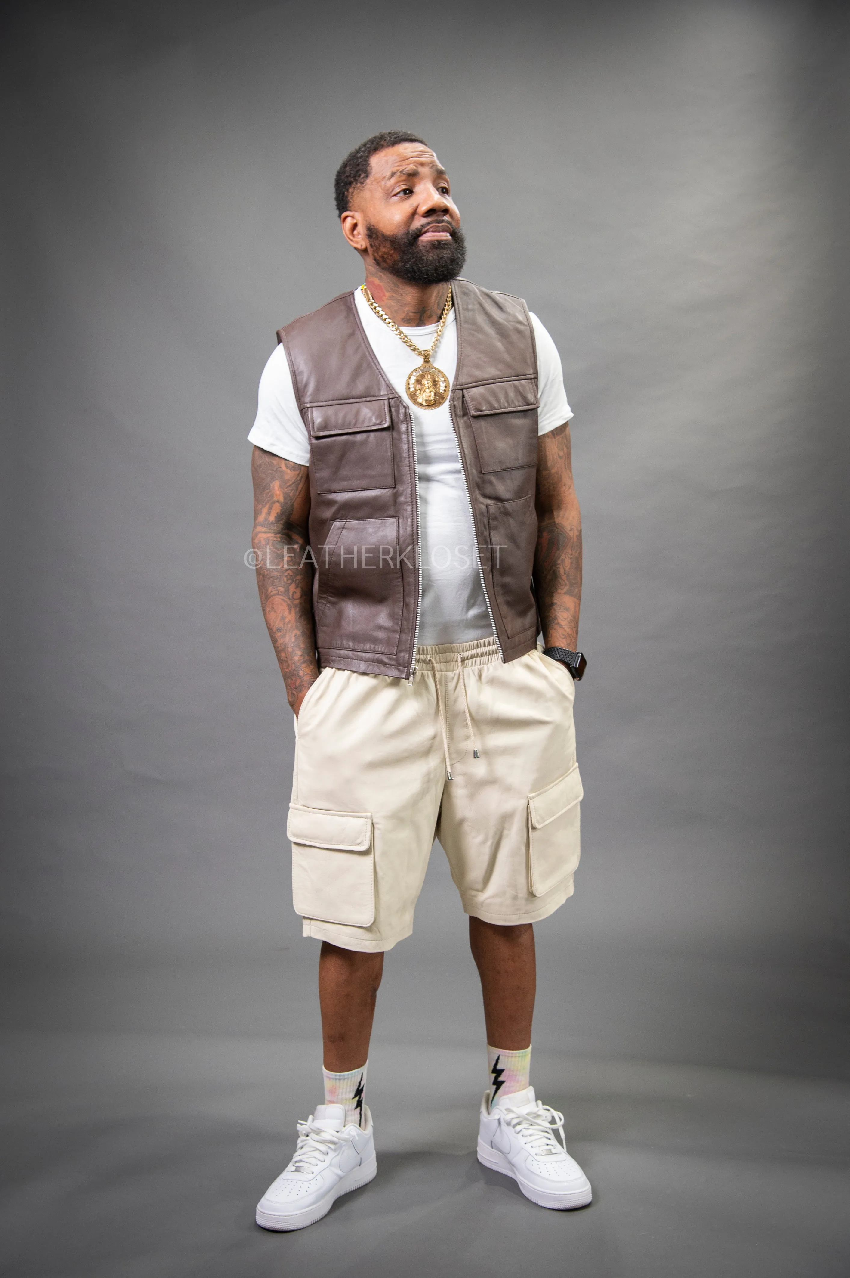 Men's Bless Set Leather Vest & Leather Cargo Shorts [Chocolate/Beige]